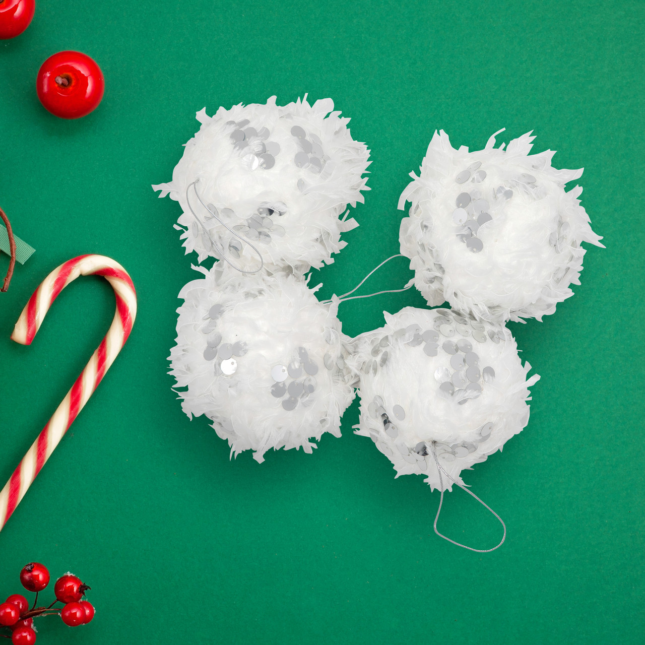 Feather Ball with Large Sequins Christmas Ornaments - 3.5" - White - Set of 4