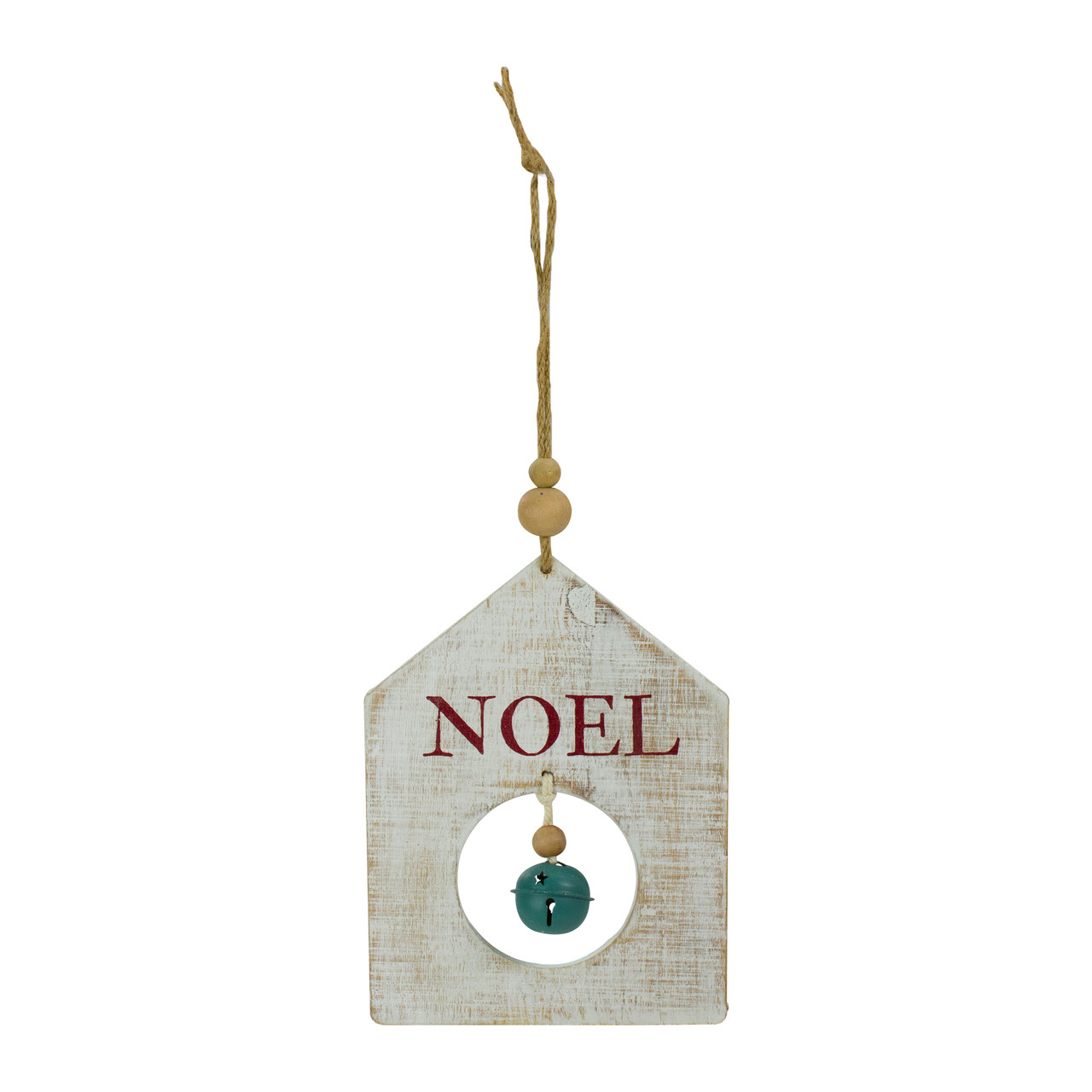 8" Rustic Wooden White "NOEL" With Green Bell Christmas Ornament
