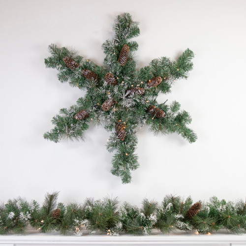 Pre-Lit Battery Operated Frosted Mixed Pine Christmas Snowflake Wreath - 32" - Warm White LED Lights