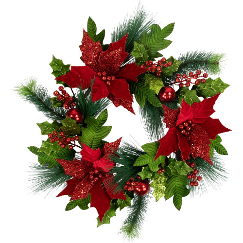 24" Glittered Red Poinsettia and Long Pine Christmas Wreath, Unlit
