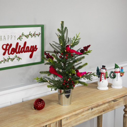 Pre-Lit LED Mixed Pine Potted Christmas Tree with Berries and Cardinals - 2' - Warm White Lights