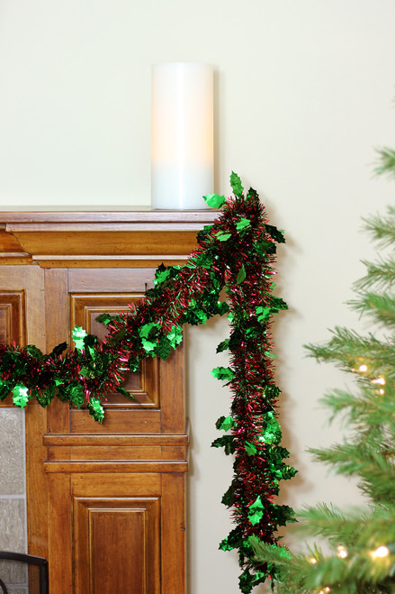 Shiny Tinsel Commercial Christmas Garland with Holly 50' - Red and Green - Unlit