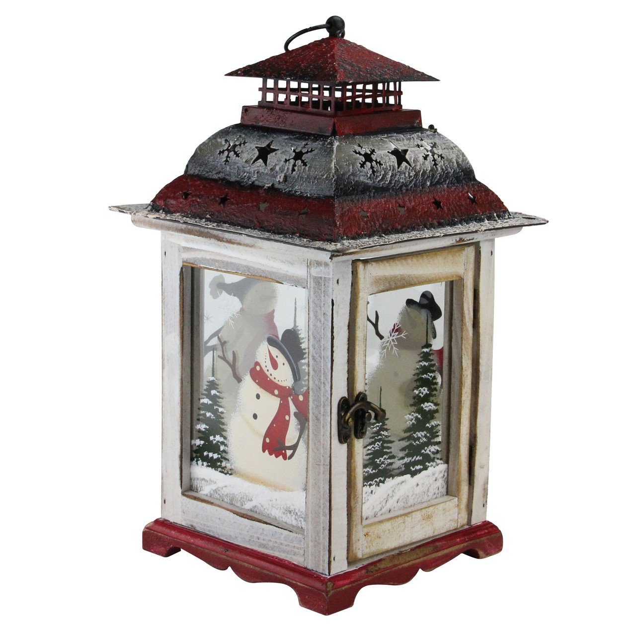 Rustic Snowman Christmas Scene Candle Lantern - 14.5" - Red and White