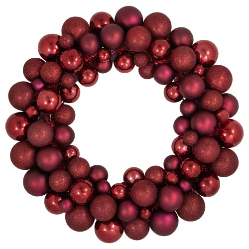 Burgundy 3-Finish Shatterproof Ball Christmas Wreath - 24", Unlit