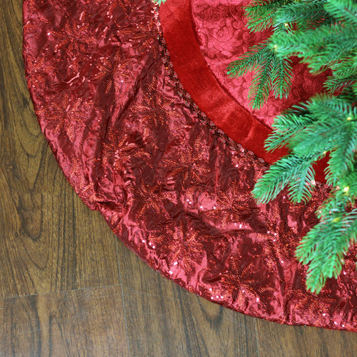 60" Red Velvet Damask Sequin Embroidered Poinsettia Trimmed Scalloped Edge Christmas Tree Skirt