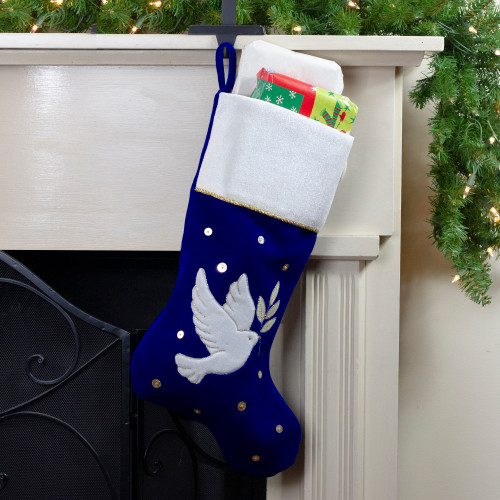 20.5" Royal Blue and White Velvet Dove with Olive Branch Christmas Stocking