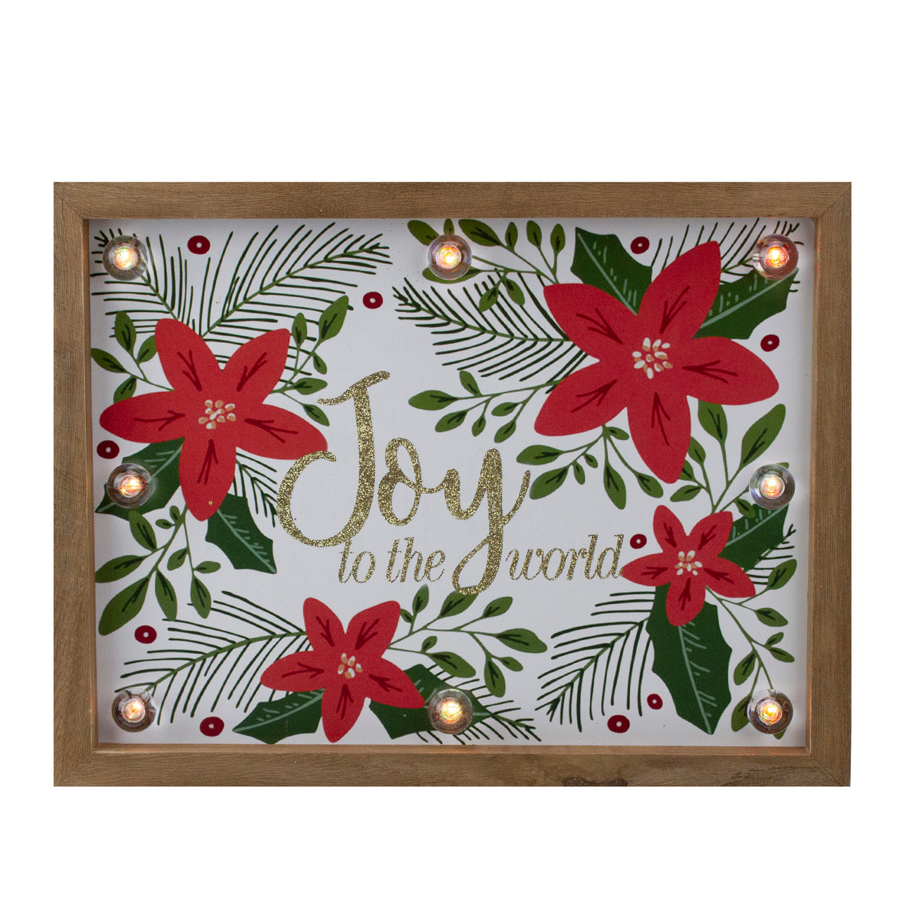 Lighted Wooden Frame Poinsettia "Joy to the World" Christmas Plaque - 11.75"