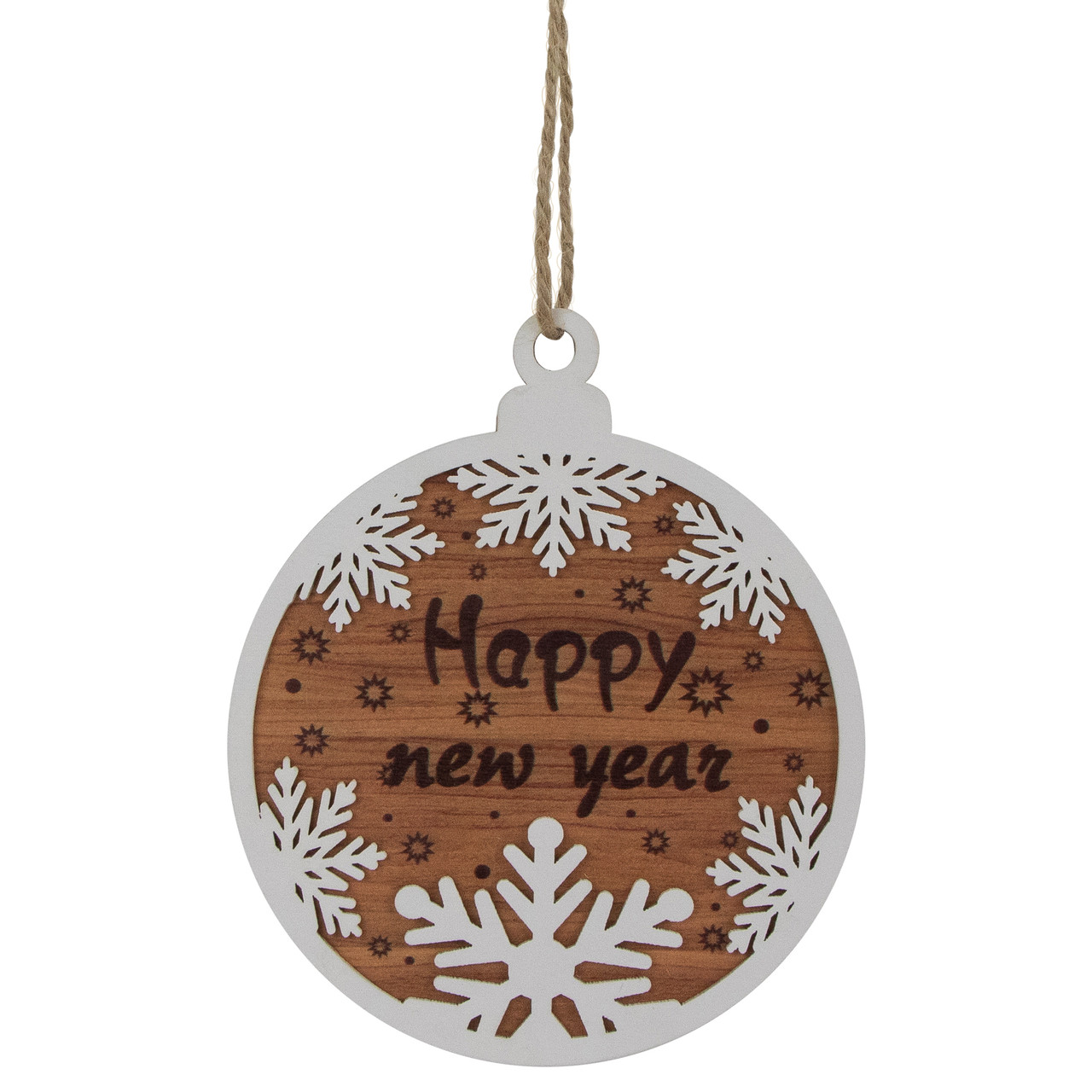 7" Rustic "Happy New Year" Snowflake Wooden Christmas Ornament Disc