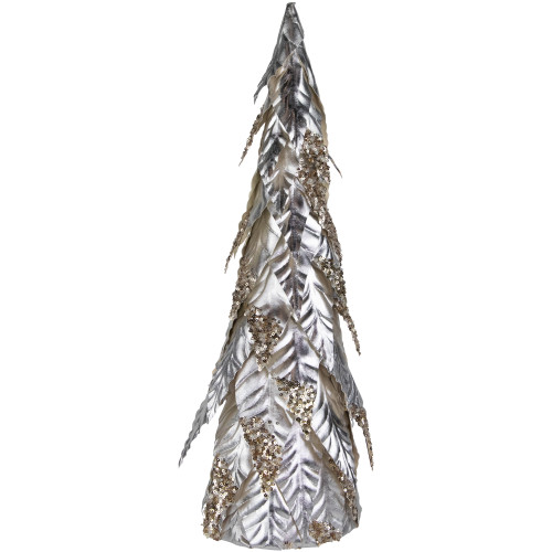 Sequined Layered Leaves Christmas Cone Tree - 20" - Platinum and Champagne Finish