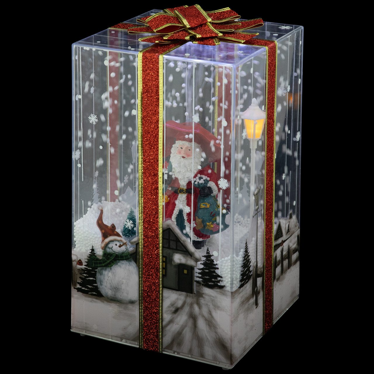 Musical Santa Lighted Snowing Gift Box with Ribbon Christmas Decoration - 12"