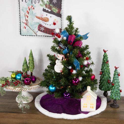 20" Magenta Glittered Mini Christmas Tree Skirt with White Fur Trim