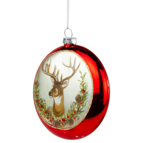 4" Glittered Reindeer Glass Christmas Disc Ornament