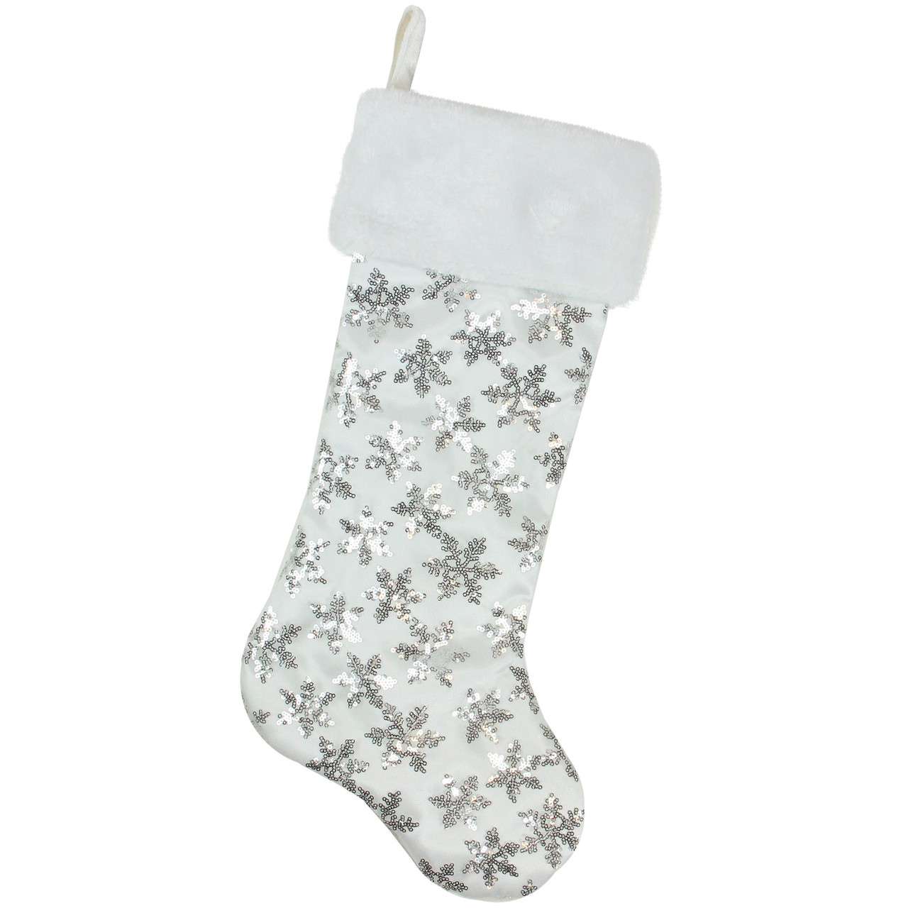 19 White and Silver Sequin Snowflake Christmas Stocking