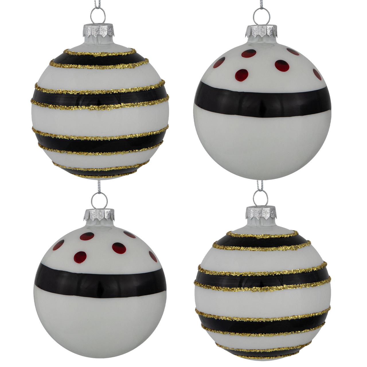 Shiny Finish Striped Christmas Glass Ball Ornaments - 3" (80mm) - White and Black  - Set of 4