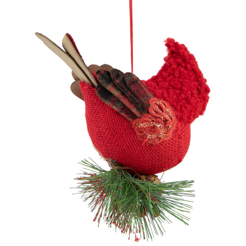 Burlap Cardinal with Pine Needles and Berries Christmas Ornament - 5.25" - Red