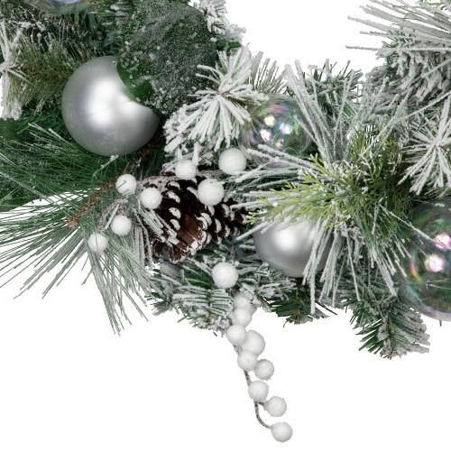 Flocked Pine Artificial Christmas Wreath with Iridescent Ornaments, 24-Inch, Unlit