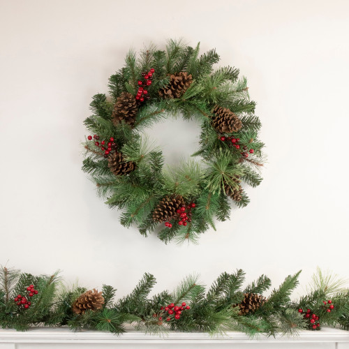 Pre-Lit Battery Operated Mixed Pine and Berries Christmas Wreath - 24" - Warm White LED Lights