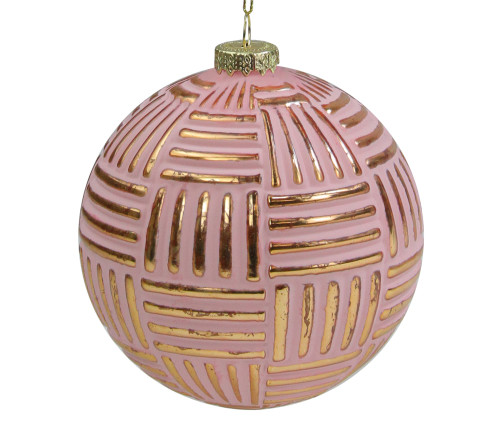 Pink and Gold Striped Matte Glass Christmas Ball Ornament 4" (100mm)