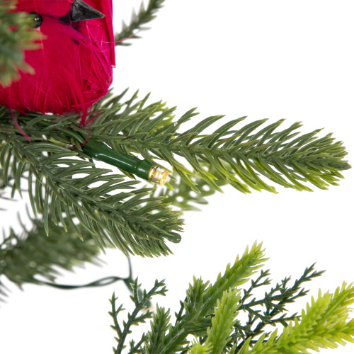 Pre-Lit LED Mixed Pine Potted Christmas Tree with Berries and Cardinals - 2' - Warm White Lights