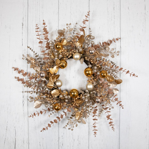 Ornaments, Holly and Berries Artificial Christmas Wreath - 30" - Gold and Copper Tone