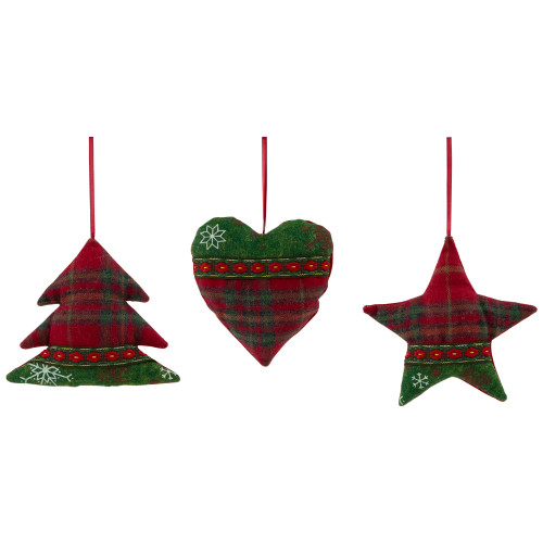Plaid Heart, Tree and Star Christmas Ornaments - 5" - Red and Green - Set of 3