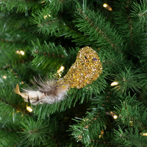 6.5" Gold Sequined Bird with Feather Tail Christmas Ornament with Clip