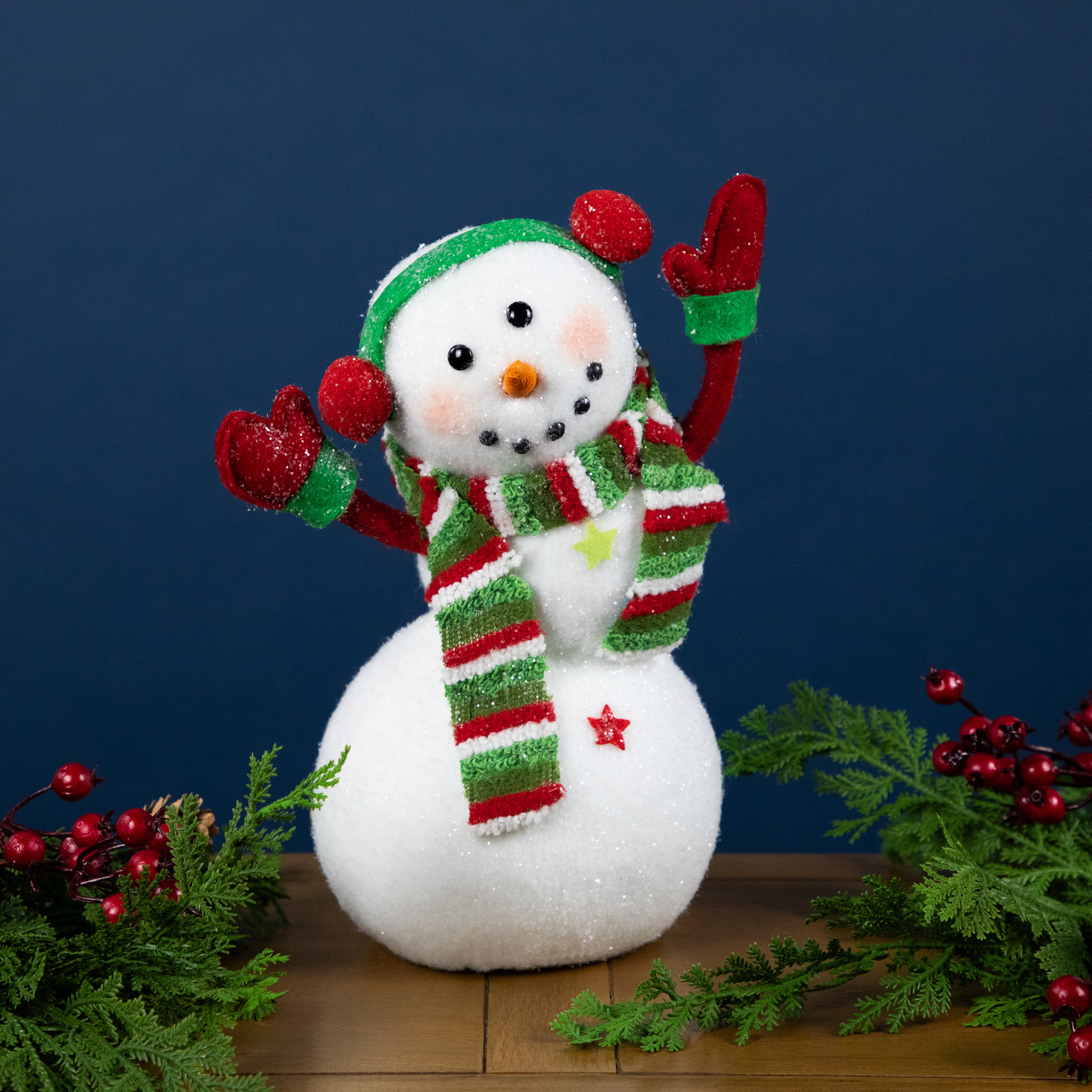 Waving Snowman with Earmuffs Glitter Christmas Figurine - 10"