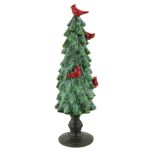 Glittered Christmas Tree with Cardinals Decoration - 8.75" - Green and Red