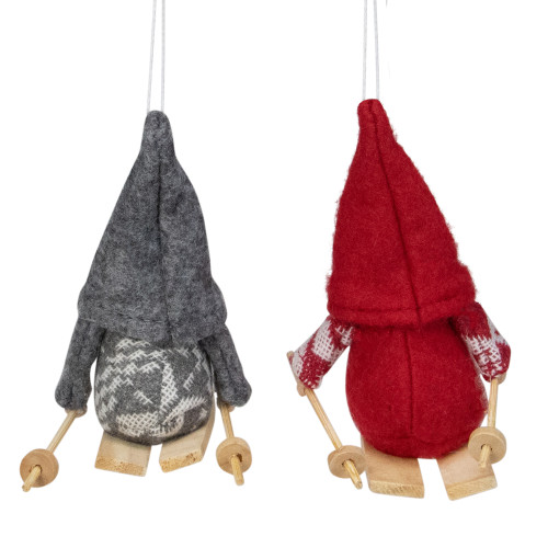 Set of 2 Red and Gray Skiing Gnomes Christmas Ornaments 5"