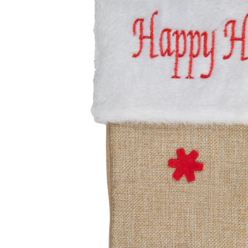 19" Beige and Red Burlap "Happy Holidays" Forest Trees Christmas Stocking