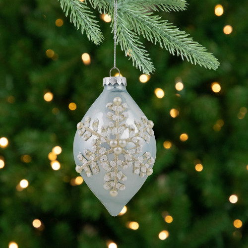 Set of 2 Shiny Artic Blue Textured Snowflakes Finial Christmas Glass Ornaments 5"