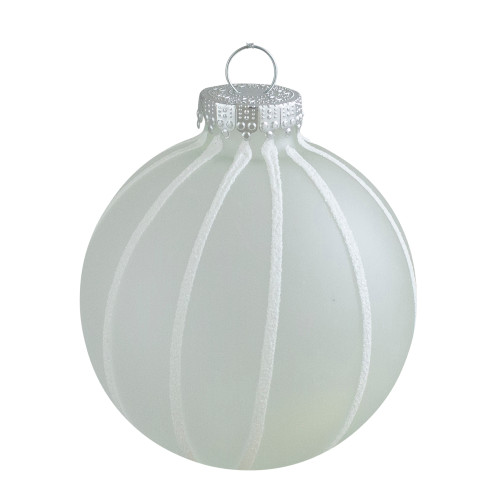 4ct Clear Frosted and White Glitter Striped Matte Glass Christmas Ball Ornaments 3.5" (90mm)