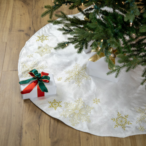 48" White with Gold Embroidered Snowflakes Christmas Tree Skirt