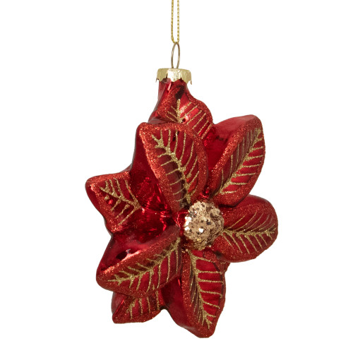 4.5" Red and Gold Glittery Poinsettia Glass Christmas Ornament