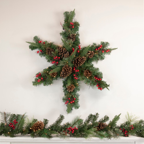 Pre-Lit Battery Operated Mixed Pine and Berries Christmas Snowflake Wreath - 32" - Warm White LED Lights