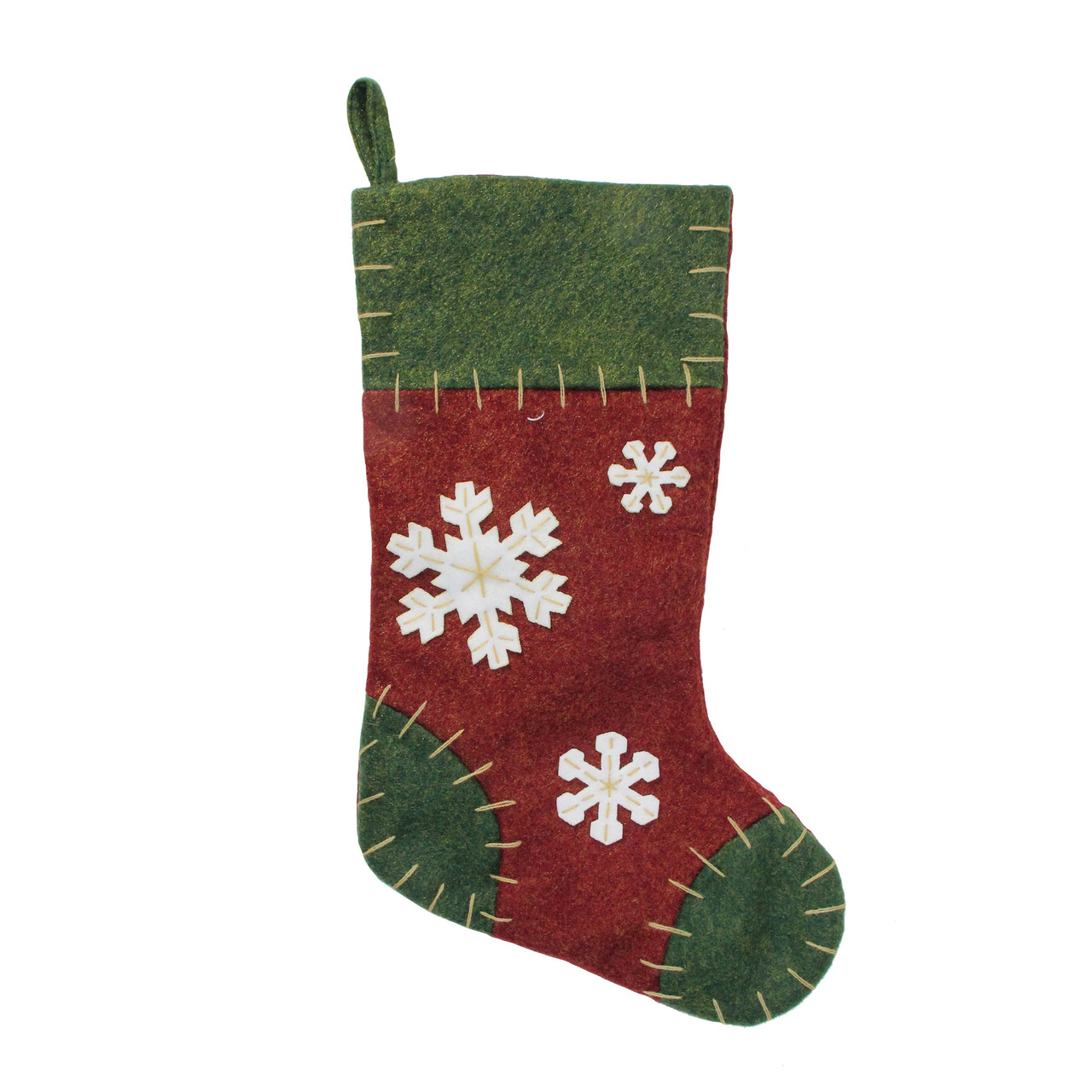 20" Green and Red Snowflake Christmas Stocking with Blanket Stitching