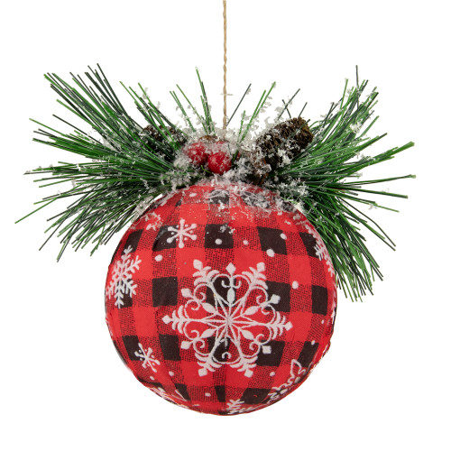 5.5" Black and Red Buffalo Plaid Snowflake Christmas Ball Ornament