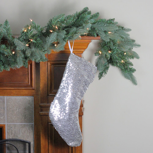 17.5" White and Silver Sequins Hanging Christmas Stocking