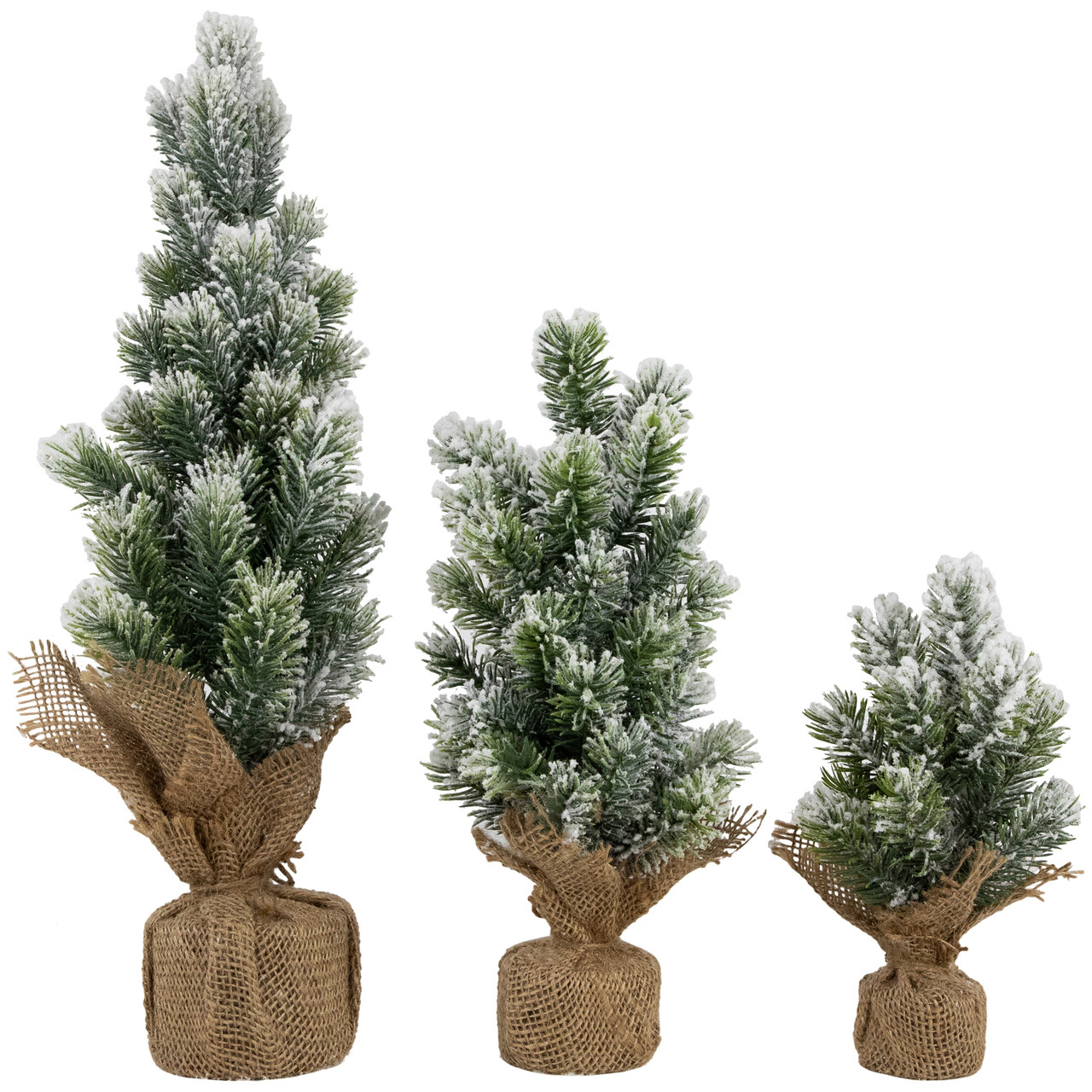 Mini Flocked Pine Artificial Christmas Trees with Burlap Base - 18" - Set of 3