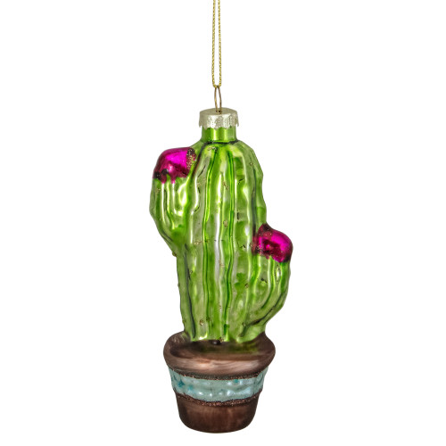 4.75" Green and Pink Potted Cactus Glass Christmas Ornament