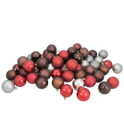60ct Mocha Brown, Red and Silver Shatterproof 4-Finish Christmas Ball Ornaments 2.5" (60mm)