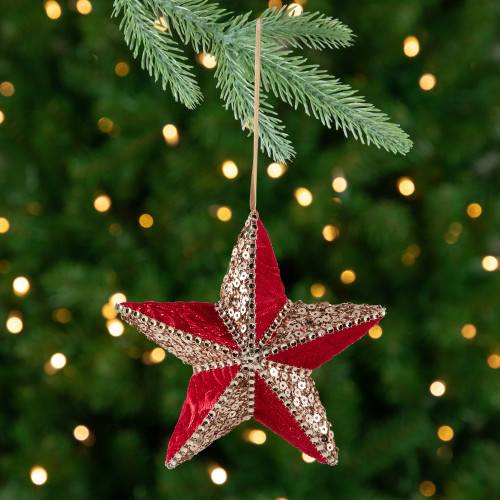 Beaded and Sequined 5-Point Star Christmas Ornament - 6" - Red