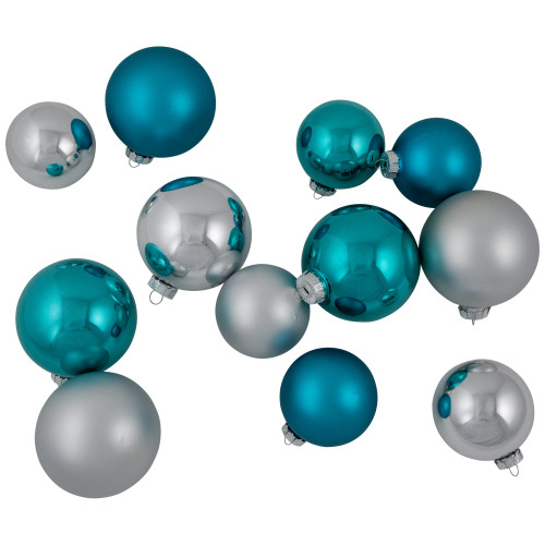 72ct Turquoise Blue and Silver 2-Finish Glass Christmas Ball Ornaments 4" (100mm)