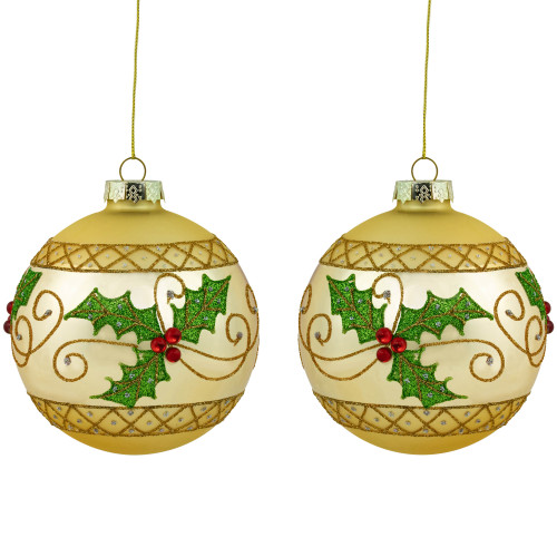 Set of 2 Golden Glittered Holly and Berries Christmas Glass Ball Ornaments 4"