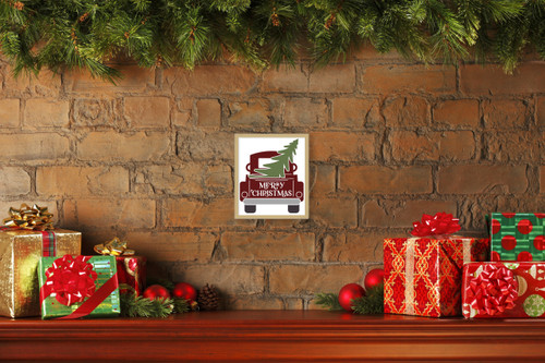 Red Christmas Truck 10.5" x 11.5" Framed Christmas Wall Decor Art Print Sign Poster in a Natural Wooden Frame with UV Acrylic and Hangers