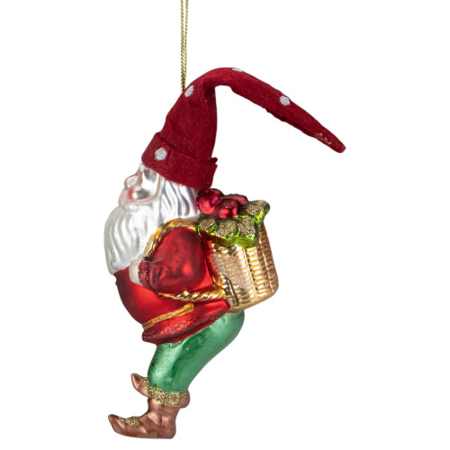 6" Gold and Red Gnome with Lantern and Flower Basket Glass Christmas Ornament