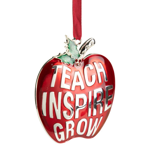 3.25" Red Silver Plated Apple Teacher Christmas Ornament with European Crystals