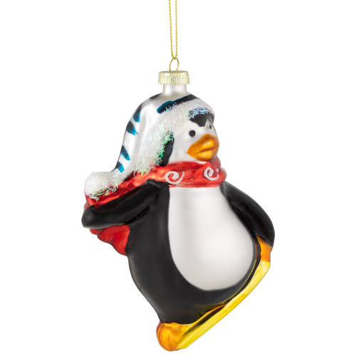 4.25" Snowboarding Penguin Glass Christmas Ornament