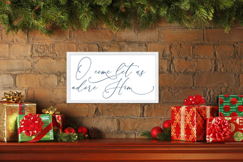 O Come Let Us Adore Him 11.5" x 21.5" Framed Christmas Wall Decor Art Print Sign Poster in a Natural Wooden Frame with UV Acrylic and Hangers