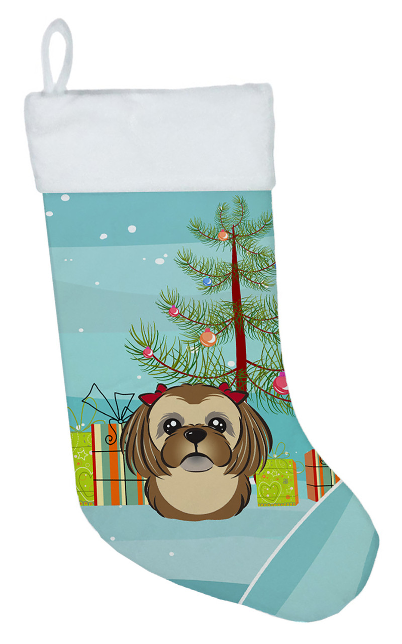 Christmas Tree and Chocolate Brown Shih Tzu Christmas Stocking BB1621CS